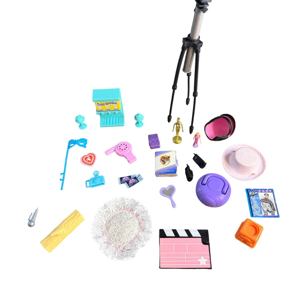 Vintage Barbie Doll Accessories Lot Tripod Movie Clapper Soda Machine Hat 20pc+